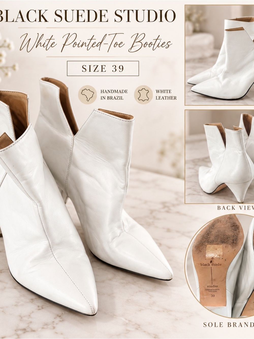 White Pointed-Toe Leather Booties